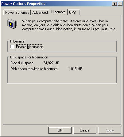 Power Options Hibernate tab screenshot