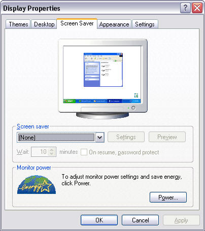 Display properties Screensave tab screenshot