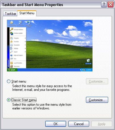 Start Menu options screenshot